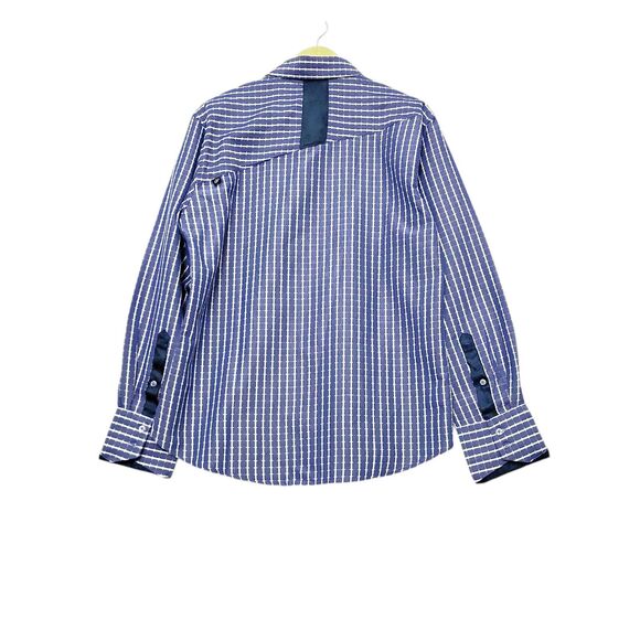 Rock Roll N Soul Shirt Men Large Blue White Button Flip Cuff Embroidered Striped - Picture 2 of 11